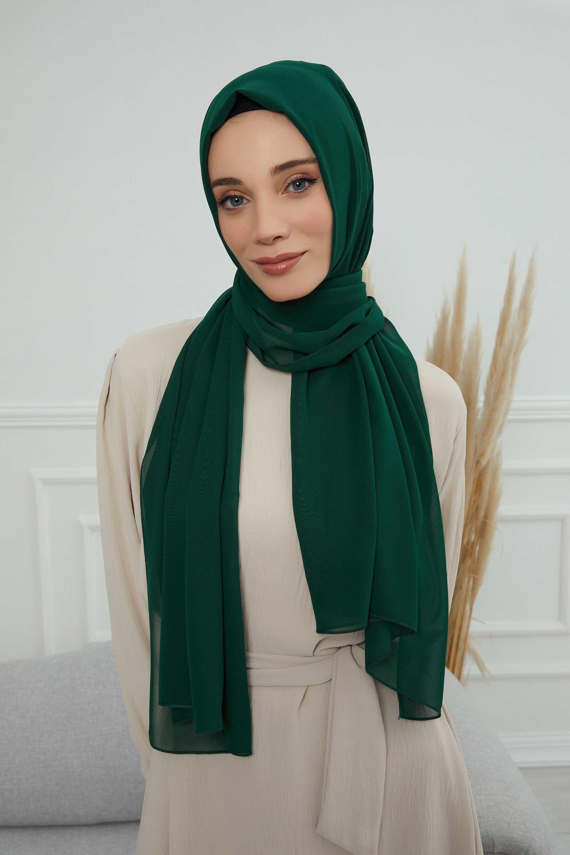 Rectangle Chiffon Shawl for Women Modesty Stylish Turban Cap Head Wrap,CTS-1 Dark Green
