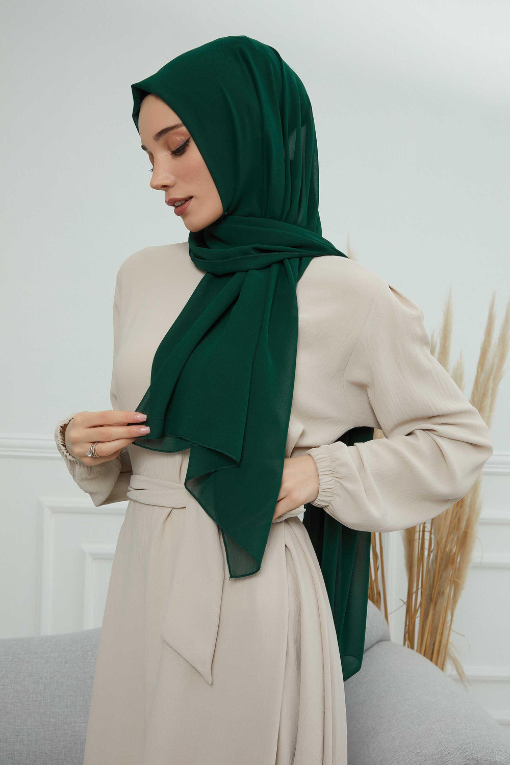 Rectangle Chiffon Shawl for Women Modesty Stylish Turban Cap Head Wrap,CTS-1 Dark Green