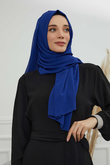 Rectangle Chiffon Shawl for Women Modesty Stylish Turban Cap Head Wrap,CTS-1 Sax Blue
