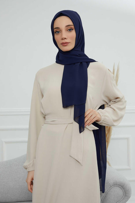 Rectangle Chiffon Shawl for Women Modesty Stylish Turban Cap Head Wrap,CTS-1 Navy Blue