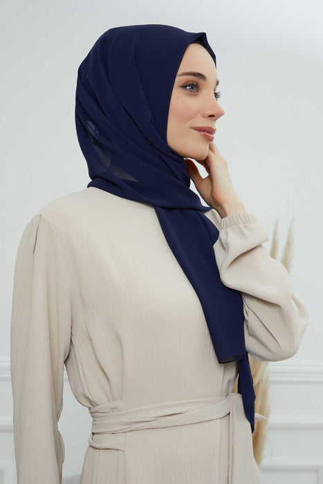 Rectangle Chiffon Shawl for Women Modesty Stylish Turban Cap Head Wrap,CTS-1 Navy Blue