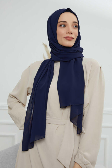 Rectangle Chiffon Shawl for Women Modesty Stylish Turban Cap Head Wrap,CTS-1 Navy Blue
