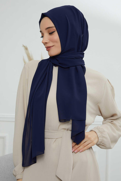 Rectangle Chiffon Shawl for Women Modesty Stylish Turban Cap Head Wrap,CTS-1 Navy Blue