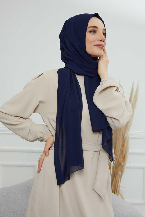 Rectangle Chiffon Shawl for Women Modesty Stylish Turban Cap Head Wrap,CTS-1 Navy Blue