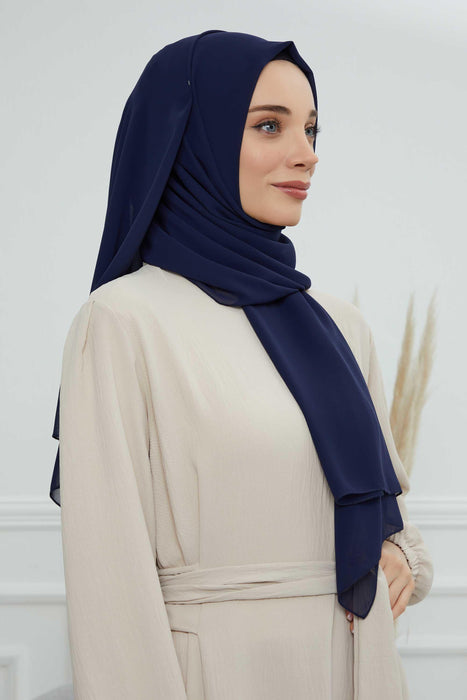 Rectangle Chiffon Shawl for Women Modesty Stylish Turban Cap Head Wrap,CTS-1 Navy Blue