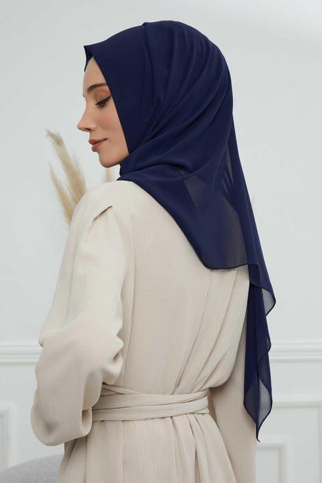 Rectangle Chiffon Shawl for Women Modesty Stylish Turban Cap Head Wrap,CTS-1 Navy Blue