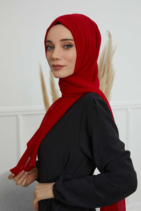 Rectangle Chiffon Shawl for Women Modesty Stylish Turban Cap Head Wrap,CTS-1 Red