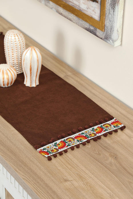 Rustic Orange Cotton Table Runner with Colorful Floral Pattern and Pom-Poms, 36x12 Inches Boho Orange Floral Table Runner,R-64K
