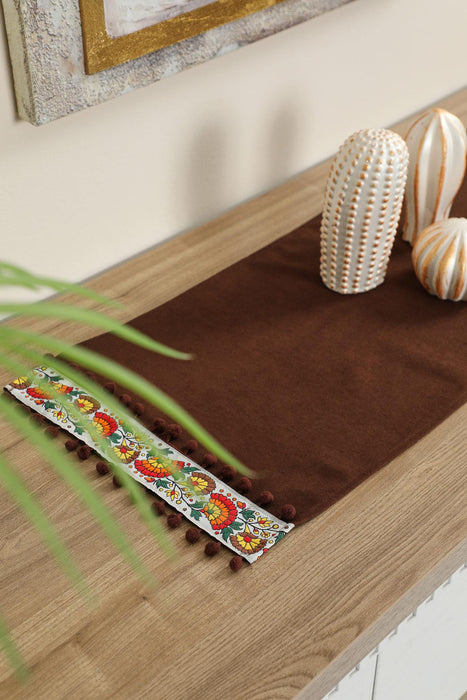 Rustic Orange Cotton Table Runner with Colorful Floral Pattern and Pom-Poms, 36x12 Inches Boho Orange Floral Table Runner,R-64K