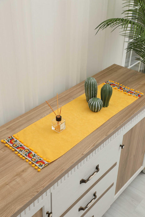 Rustic Orange Cotton Table Runner with Colorful Floral Pattern and Pom-Poms, 36x12 Inches Boho Orange Floral Table Runner,R-64K