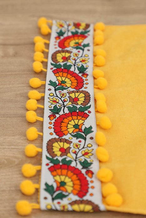 Rustic Orange Cotton Table Runner with Colorful Floral Pattern and Pom-Poms, 36x12 Inches Boho Orange Floral Table Runner,R-64K
