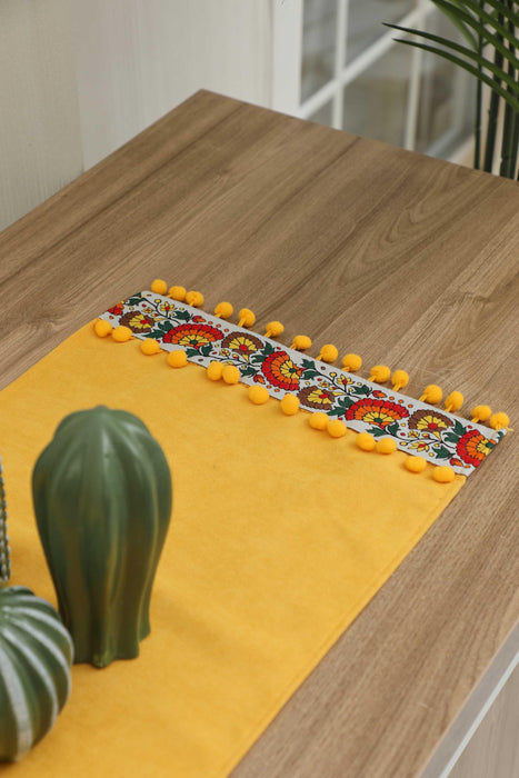 Rustic Orange Cotton Table Runner with Colorful Floral Pattern and Pom-Poms, 36x12 Inches Boho Orange Floral Table Runner,R-64K