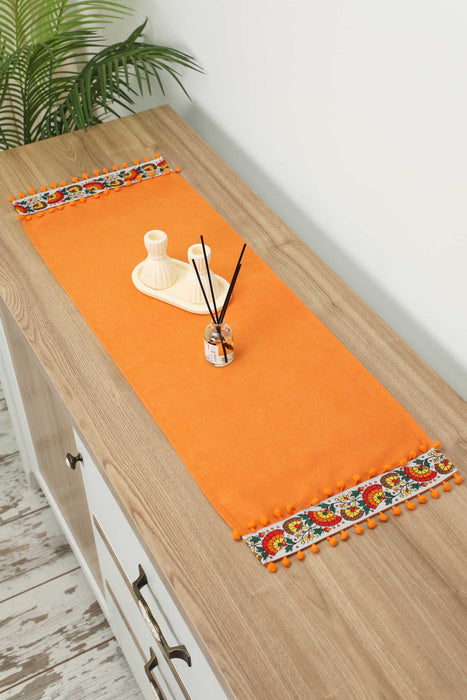 Rustic Orange Cotton Table Runner with Colorful Floral Pattern and Pom-Poms, 36x12 Inches Boho Orange Floral Table Runner,R-64K