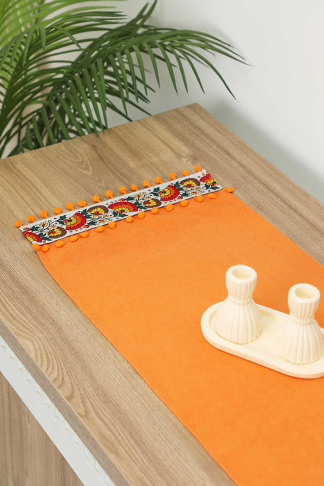 Rustic Orange Cotton Table Runner with Colorful Floral Pattern and Pom-Poms, 36x12 Inches Boho Orange Floral Table Runner,R-64K