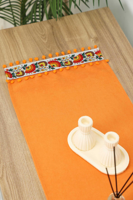 Rustic Orange Cotton Table Runner with Colorful Floral Pattern and Pom-Poms, 36x12 Inches Boho Orange Floral Table Runner,R-64K