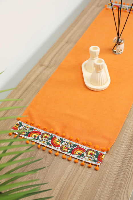 Rustic Orange Cotton Table Runner with Colorful Floral Pattern and Pom-Poms, 36x12 Inches Boho Orange Floral Table Runner,R-64K