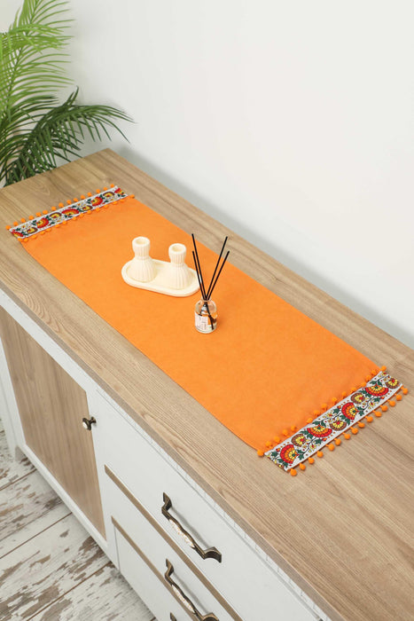 Rustic Orange Cotton Table Runner with Colorful Floral Pattern and Pom-Poms, 36x12 Inches Boho Orange Floral Table Runner,R-64K