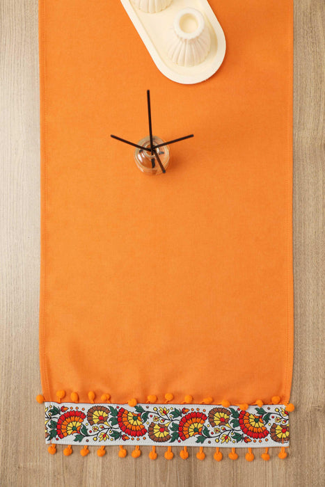 Rustic Orange Cotton Table Runner with Colorful Floral Pattern and Pom-Poms, 36x12 Inches Boho Orange Floral Table Runner,R-64K