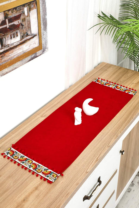 Rustic Orange Cotton Table Runner with Colorful Floral Pattern and Pom-Poms, 36x12 Inches Boho Orange Floral Table Runner,R-64K