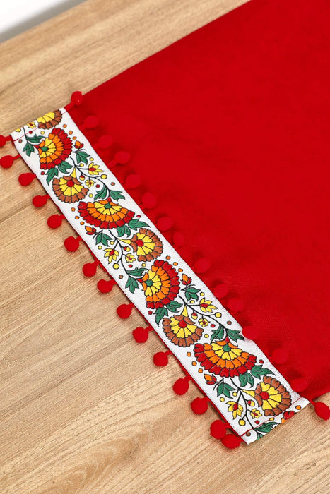Rustic Orange Cotton Table Runner with Colorful Floral Pattern and Pom-Poms, 36x12 Inches Boho Orange Floral Table Runner,R-64K