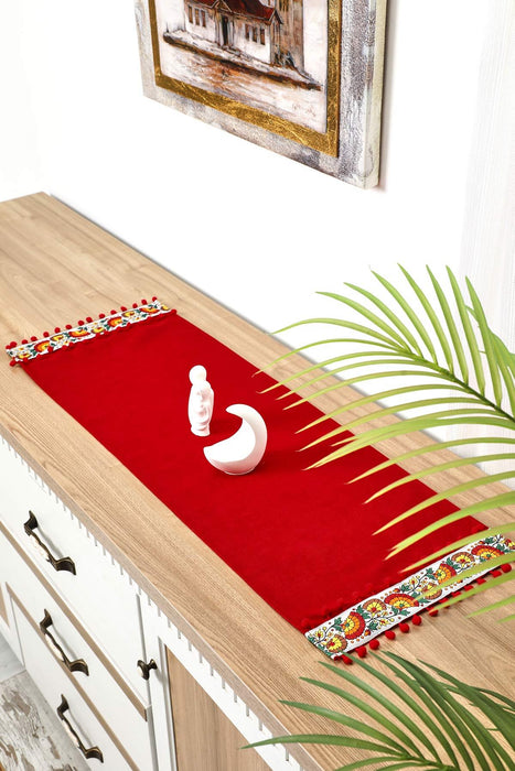 Rustic Orange Cotton Table Runner with Colorful Floral Pattern and Pom-Poms, 36x12 Inches Boho Orange Floral Table Runner,R-64K