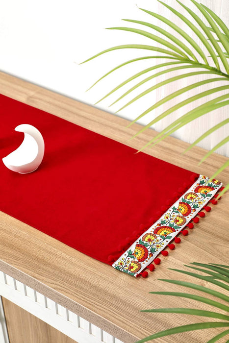 Rustic Orange Cotton Table Runner with Colorful Floral Pattern and Pom-Poms, 36x12 Inches Boho Orange Floral Table Runner,R-64K