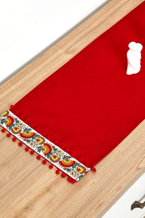 Rustic Orange Cotton Table Runner with Colorful Floral Pattern and Pom-Poms, 36x12 Inches Boho Orange Floral Table Runner,R-64K
