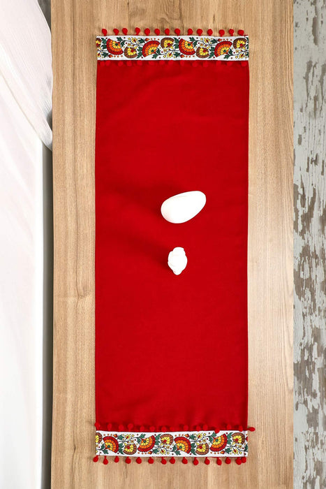 Rustic Orange Cotton Table Runner with Colorful Floral Pattern and Pom-Poms, 36x12 Inches Boho Orange Floral Table Runner,R-64K