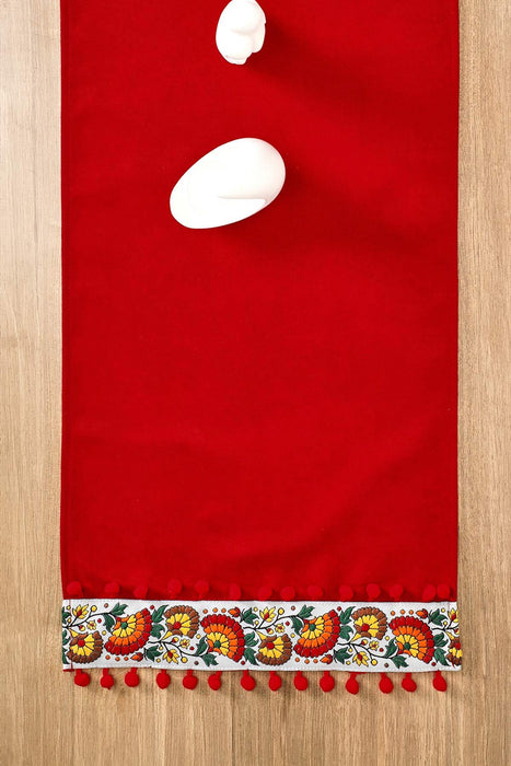 Rustic Orange Cotton Table Runner with Colorful Floral Pattern and Pom-Poms, 36x12 Inches Boho Orange Floral Table Runner,R-64K