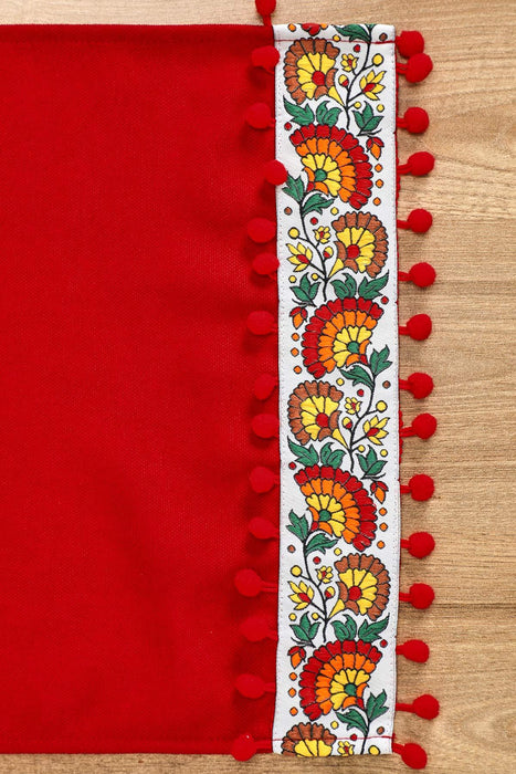 Rustic Orange Cotton Table Runner with Colorful Floral Pattern and Pom-Poms, 36x12 Inches Boho Orange Floral Table Runner,R-64K