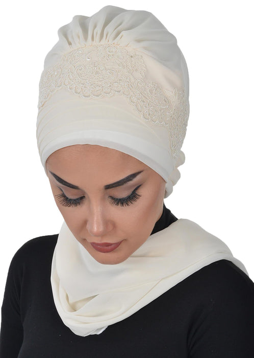 Elegant Chiffon Instant Turban with Beautiful Lace Embroidery, Chic Women Turban Headwear Plain Colour Modern Instant Turban,HT-53