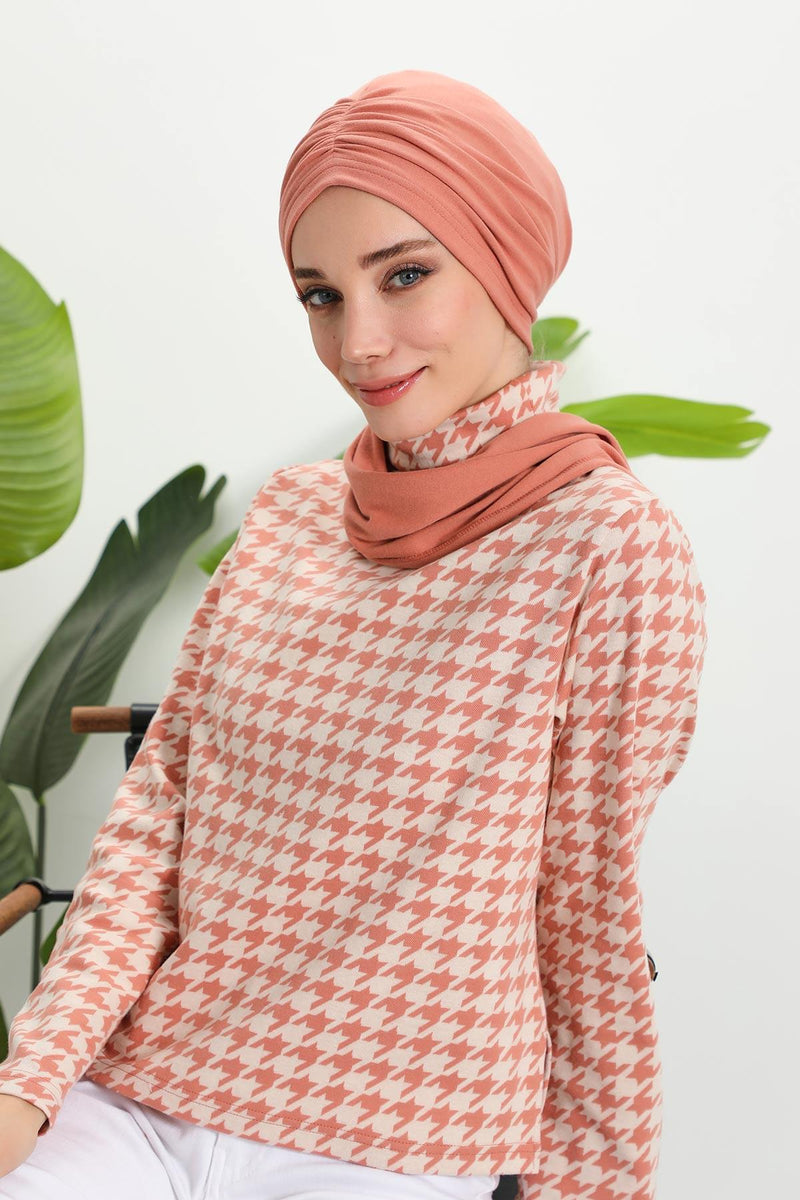 Seamless Winter Turban Bonnet with Integrated Scarf, Cozy Ribbed Headwrap for Women, Stylish Instant Turban Bonnet for Women,B-81RB