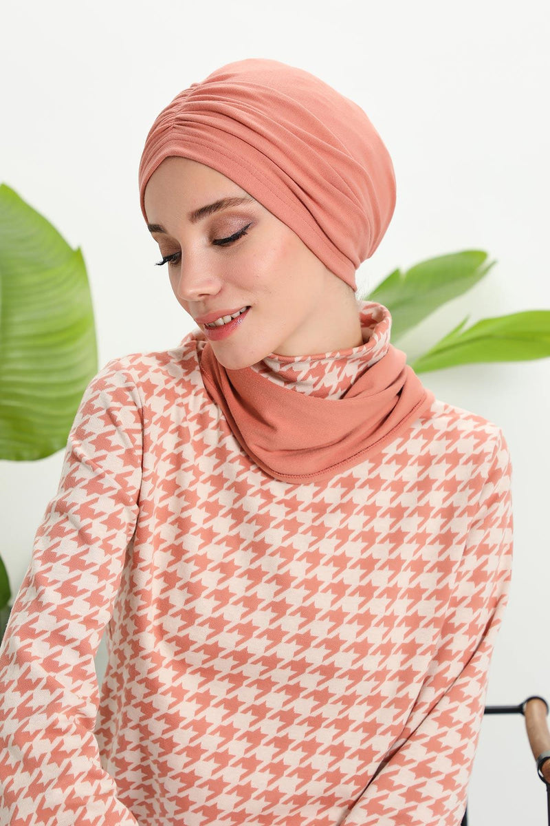 Seamless Winter Turban Bonnet with Integrated Scarf, Cozy Ribbed Headwrap for Women, Stylish Instant Turban Bonnet for Women,B-81RB