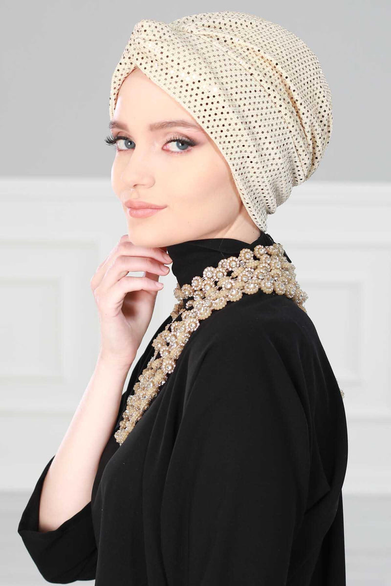 Maharajah Sequined Instant Turban Hijab Sparkling Gold Sequin Head Wrap Luxurious Pre-Tied Headscarf, Modest Fashion Bonnet Cap Wear,B-4MU Gold