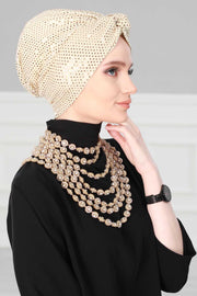 Maharajah Sequined Instant Turban Hijab Sparkling Gold Sequin Head Wrap Luxurious Pre-Tied Headscarf, Modest Fashion Bonnet Cap Wear,B-4MU Gold