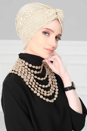 Maharajah Sequined Instant Turban Hijab Sparkling Gold Sequin Head Wrap Luxurious Pre-Tied Headscarf, Modest Fashion Bonnet Cap Wear,B-4MU Gold