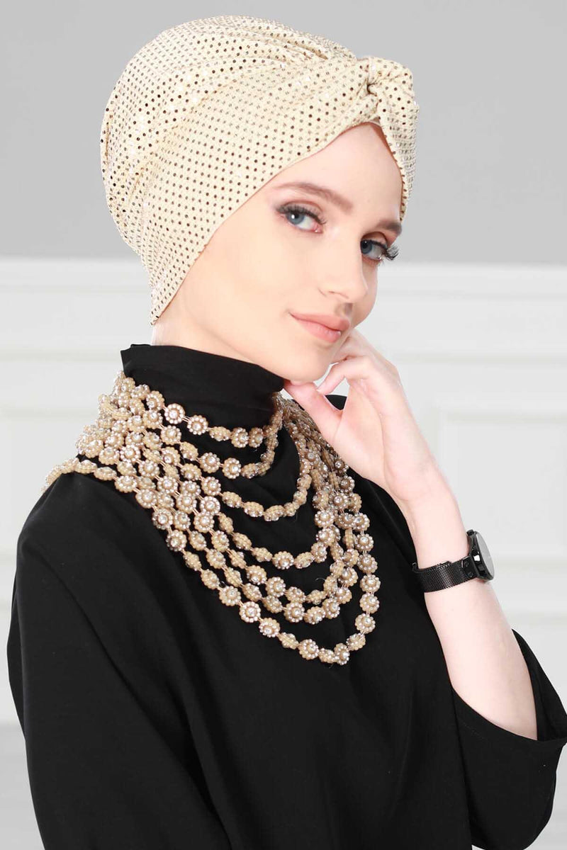 Maharajah Sequined Instant Turban Hijab Sparkling Gold Sequin Head Wrap Luxurious Pre-Tied Headscarf, Modest Fashion Bonnet Cap Wear,B-4MU Gold