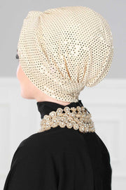 Maharajah Sequined Instant Turban Hijab Sparkling Gold Sequin Head Wrap Luxurious Pre-Tied Headscarf, Modest Fashion Bonnet Cap Wear,B-4MU Gold