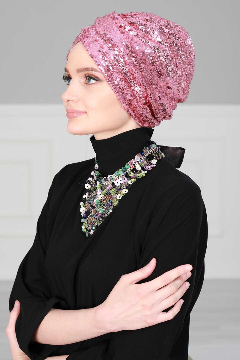 عمامة فورية أنيقة مطرزة بالترتر للنساء، لفافة رأس أنيقة وسهلة، قبعة حجاب عصرية متعددة الاستخدامات، غطاء رأس قابل للتنفس لتساقط الشعر، B-9P