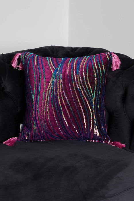 Sequined Tasseled Velvet Pillow Cover with Adorable Pattern, 18x18 Inches Stylish Throw Pillow Cover for Modern Home Decoration,K-332