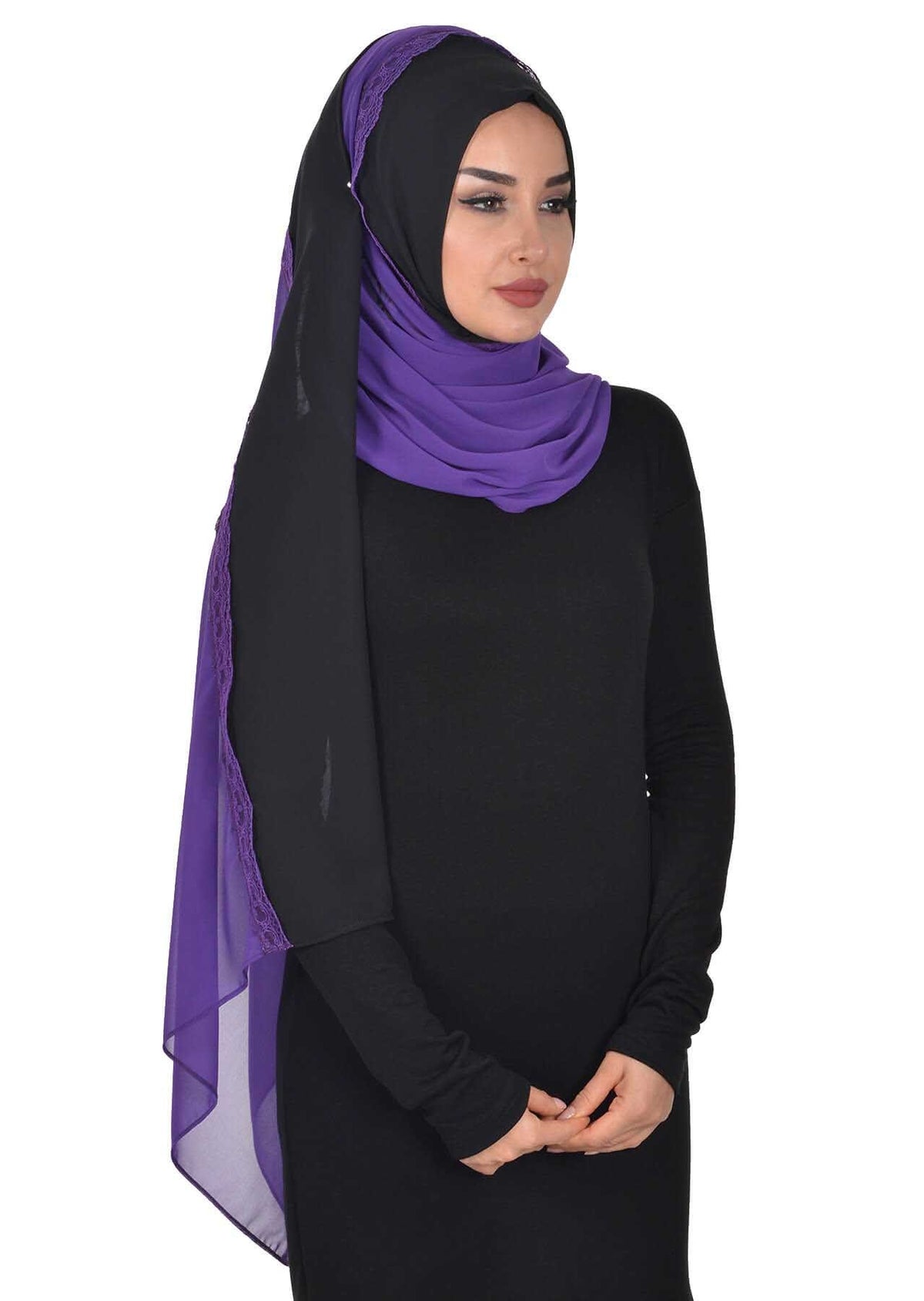 Shawl for Women Chiffon Modesty Instant Turban Cap Hat Head Wrap Ready to Wear Scarf High Quality Chiffon Hijab,PS-23 Black - Purple