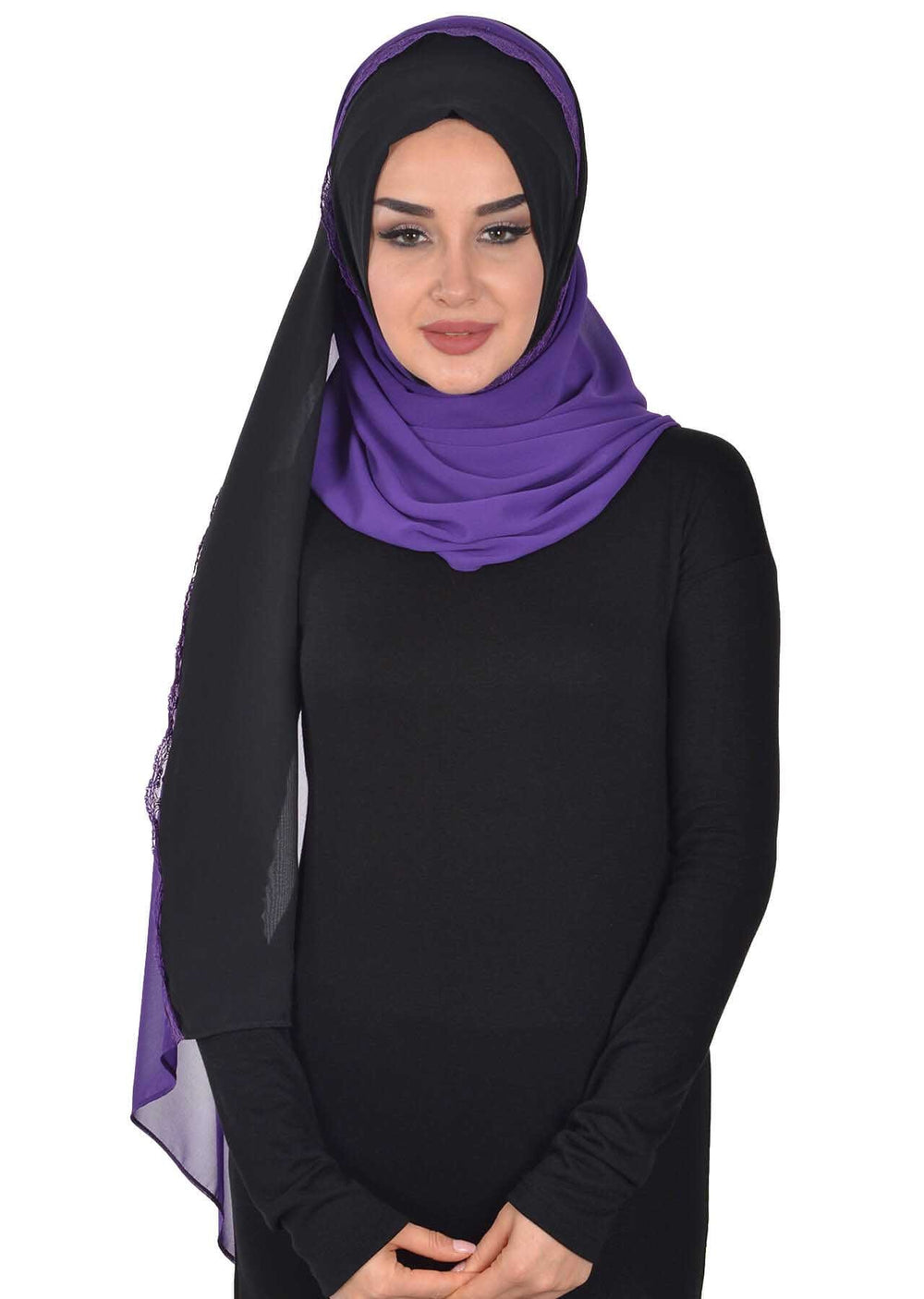 Shawl for Women Chiffon Modesty Instant Turban Cap Hat Head Wrap Ready to Wear Scarf High Quality Chiffon Hijab,PS-23 Black - Purple