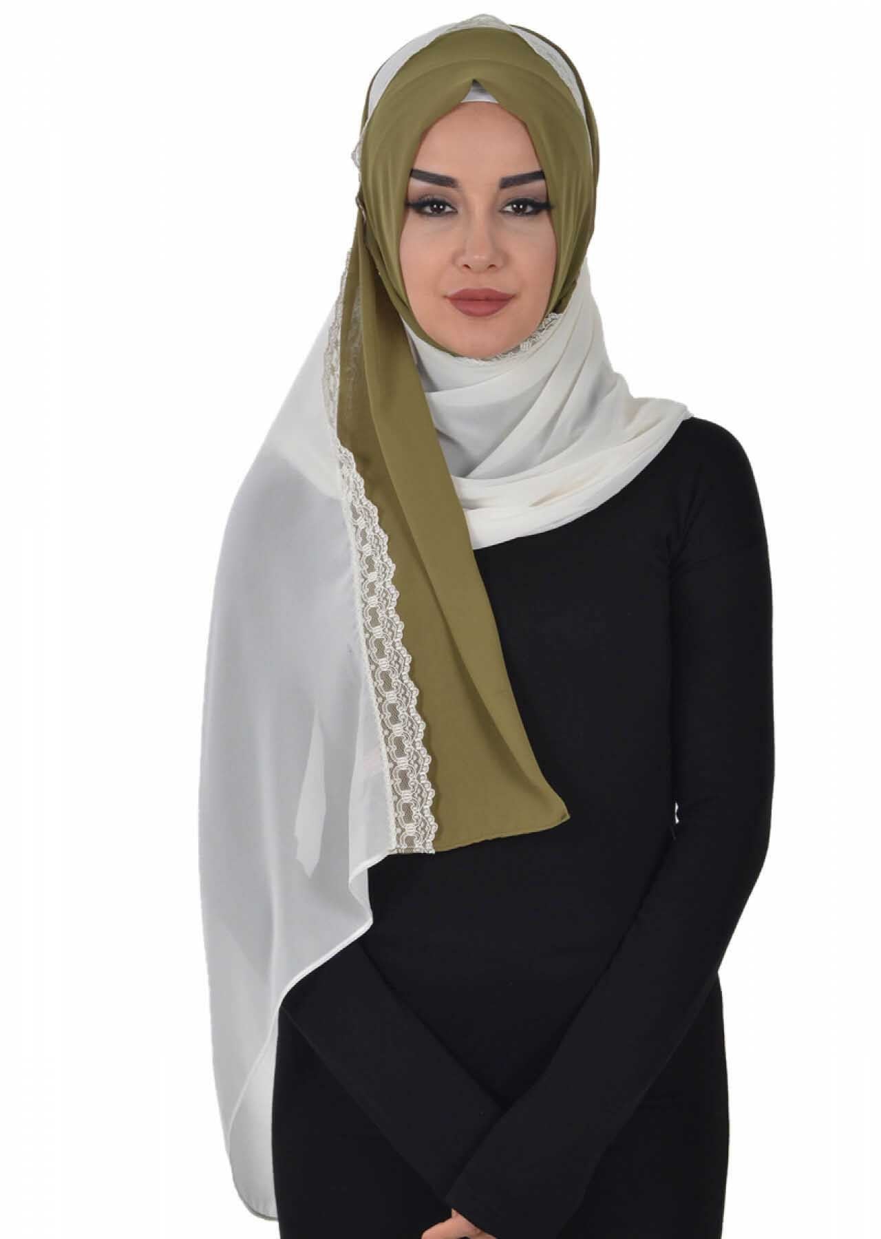 Shawl for Women Chiffon Modesty Instant Turban Cap Hat Head Wrap Ready to Wear Scarf High Quality Chiffon Hijab,PS-23 Army Green - Ivory
