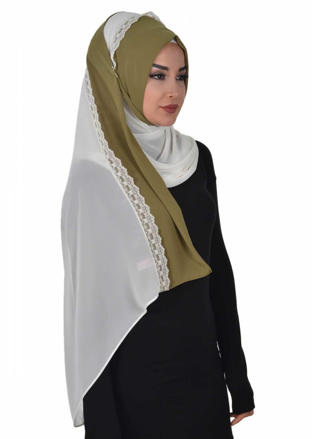 Shawl for Women Chiffon Modesty Instant Turban Cap Hat Head Wrap Ready to Wear Scarf High Quality Chiffon Hijab,PS-23 Army Green - Ivory