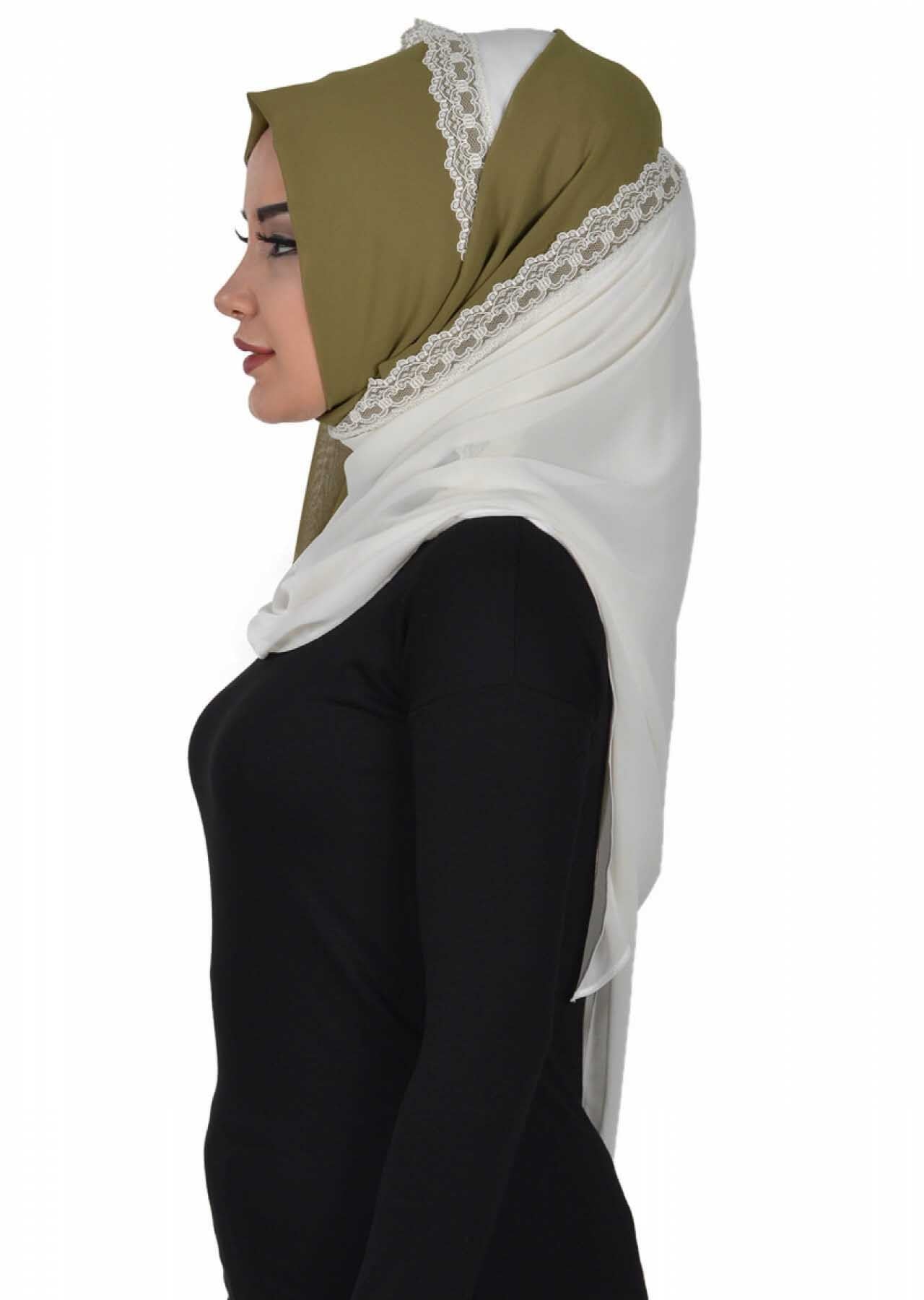 Shawl for Women Chiffon Modesty Instant Turban Cap Hat Head Wrap Ready to Wear Scarf High Quality Chiffon Hijab,PS-23 Army Green - Ivory