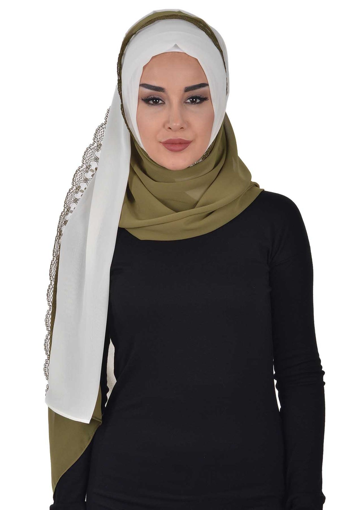 Shawl for Women Chiffon Modesty Instant Turban Cap Hat Head Wrap Ready to Wear Scarf High Quality Chiffon Hijab,PS-23 Ivory - Army Green