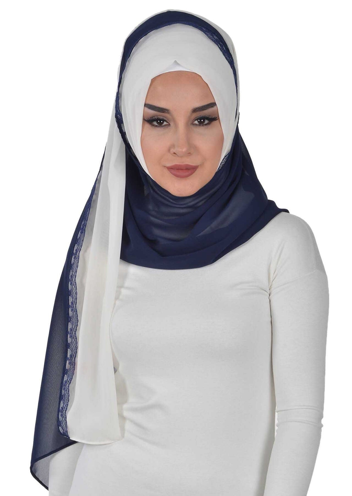 Shawl for Women Chiffon Modesty Instant Turban Cap Hat Head Wrap Ready to Wear Scarf High Quality Chiffon Hijab,PS-23 Ivory - Navy Blue