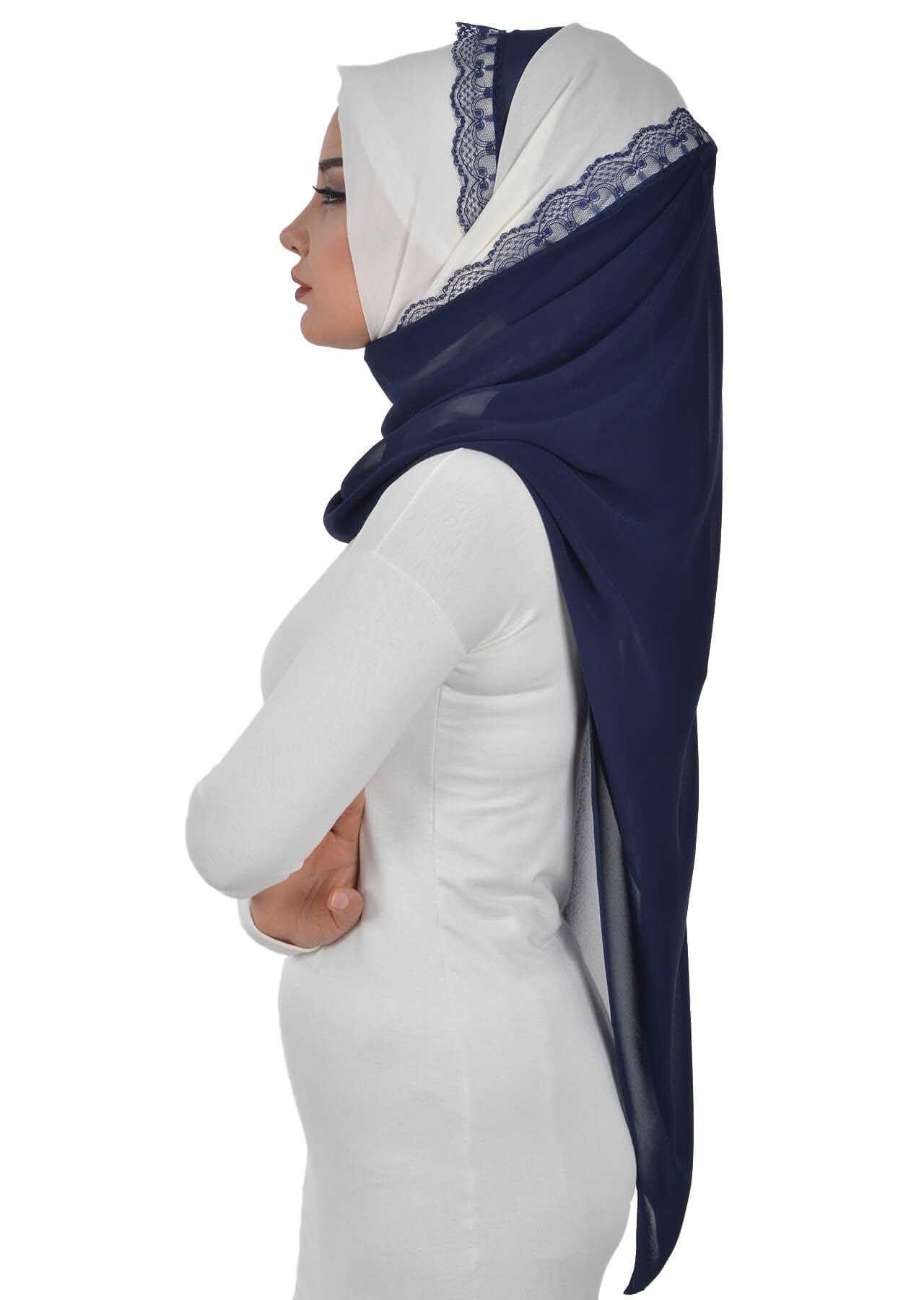 Shawl for Women Chiffon Modesty Instant Turban Cap Hat Head Wrap Ready to Wear Scarf High Quality Chiffon Hijab,PS-23 Ivory - Navy Blue