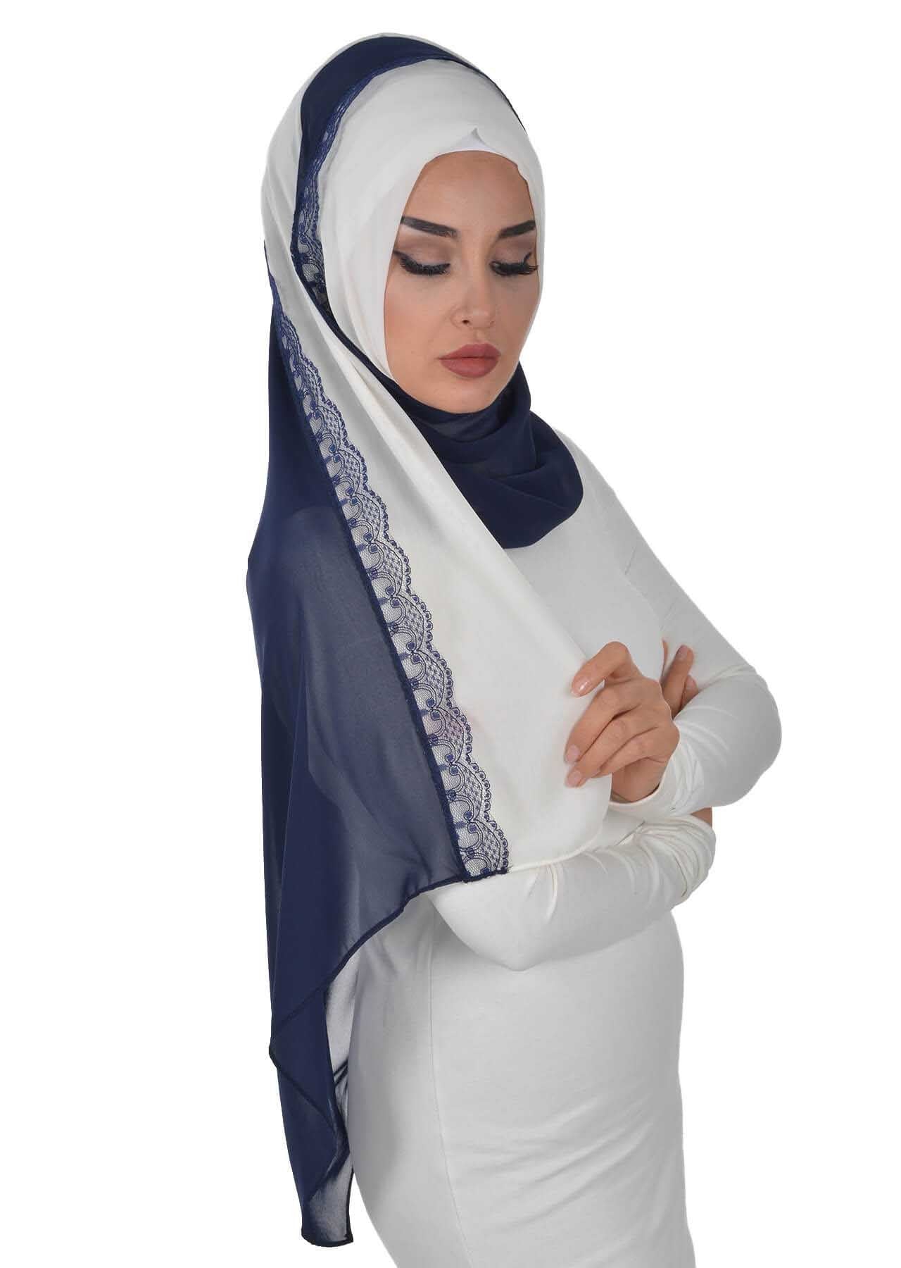 Shawl for Women Chiffon Modesty Instant Turban Cap Hat Head Wrap Ready to Wear Scarf High Quality Chiffon Hijab,PS-23 Ivory - Navy Blue