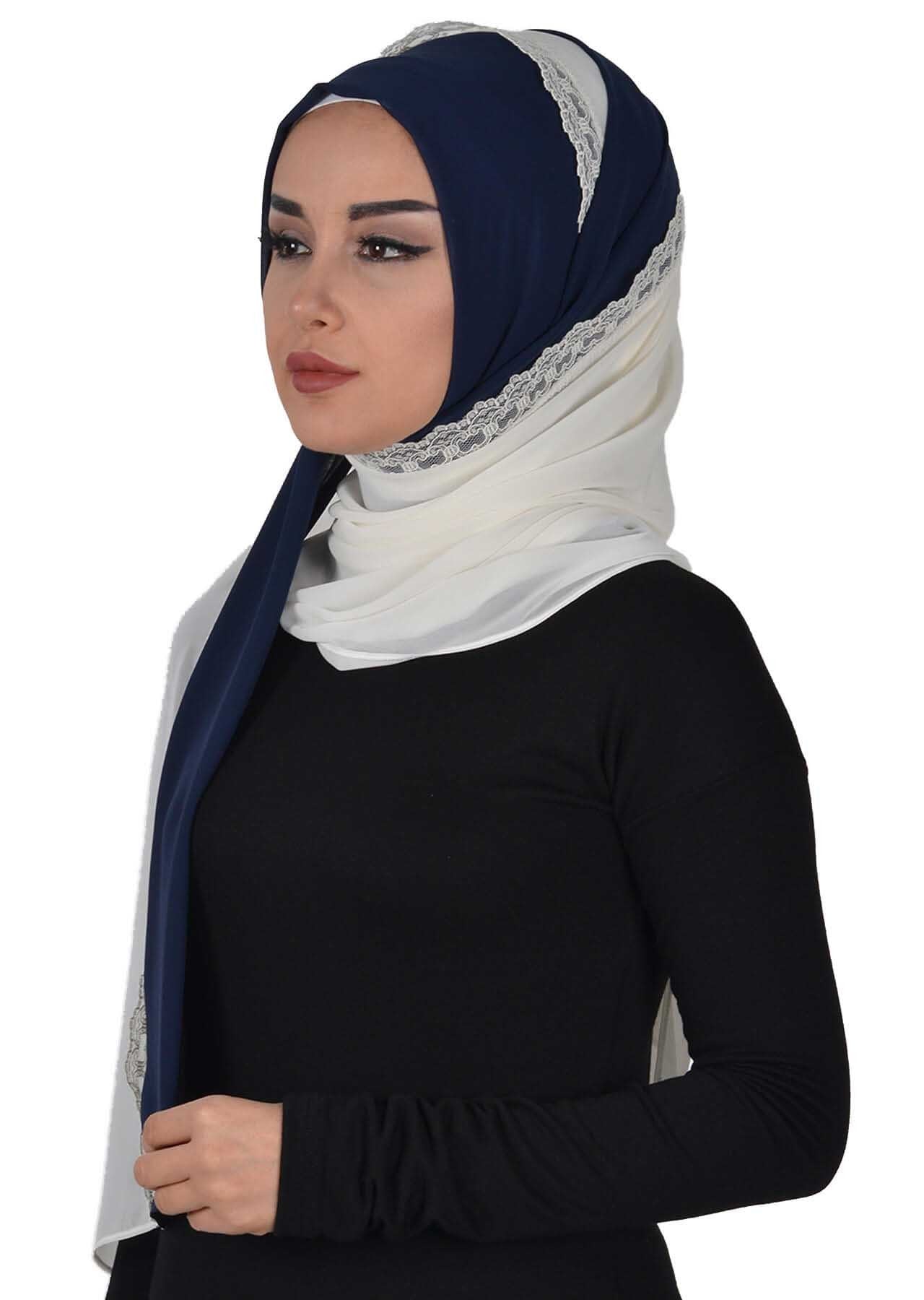 Shawl for Women Chiffon Modesty Instant Turban Cap Hat Head Wrap Ready to Wear Scarf High Quality Chiffon Hijab,PS-23 Navy Blue - Ivory